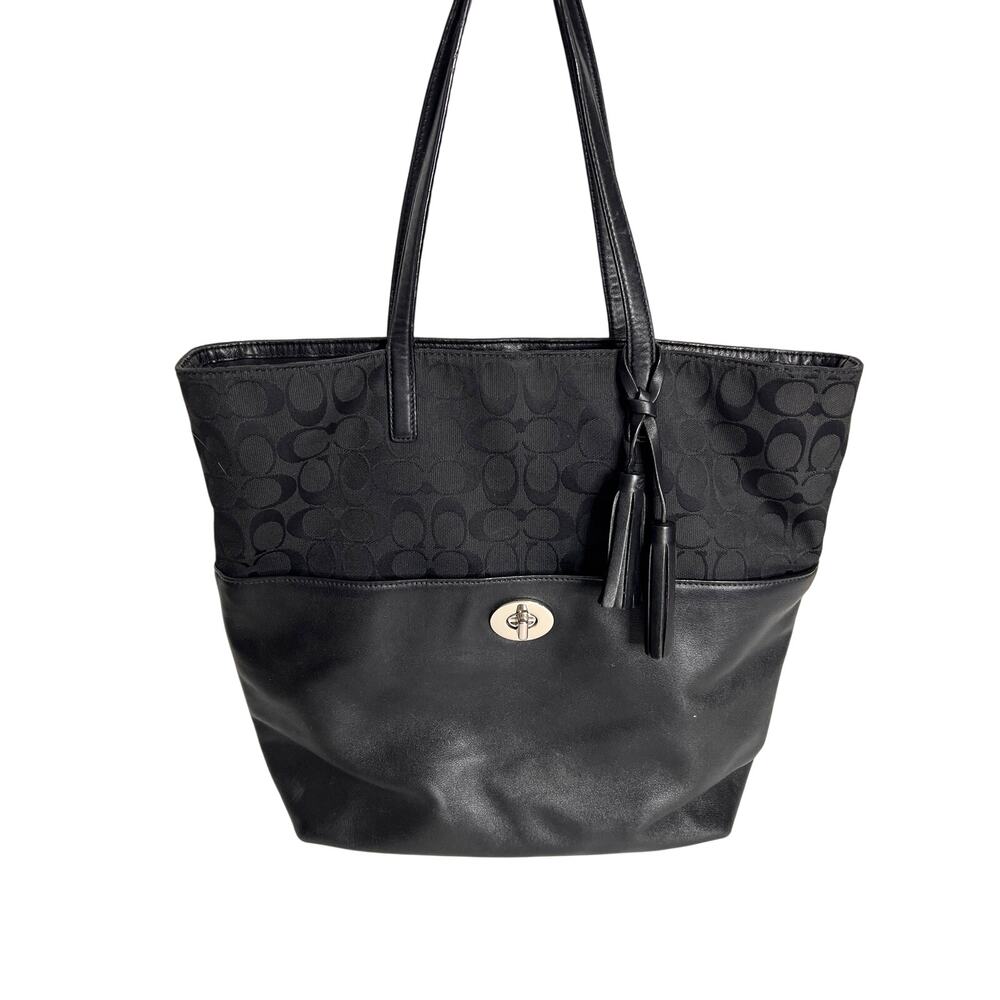 Coach Black Signature Canvas Leather Tote Bag Tassel Shoulder Purse
